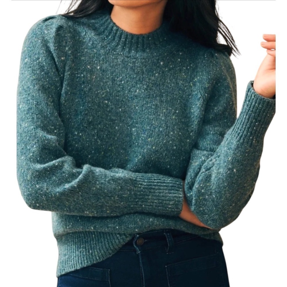 FAHERTY BOONE SWEATER Merino Wool Alpaca Blend MARLED TEAL GREEN Puff Sleeve XS